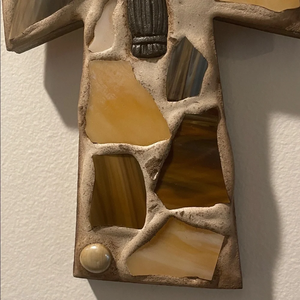 Mosaic Acrylic and Faux Cement Finish Wood Wall Cross Decor